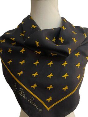 Vintage Paloma Picasso 100% Silk Scarf Made in Italy Black Gold 33” x 33”